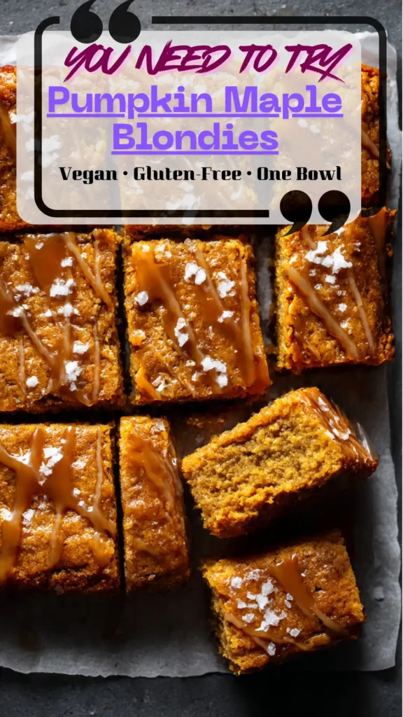 Overhead 8-inch tray of pumpkin maple blondies cut into squares with DF chocolate chips, flaky salt, and maple drizzle; vegan and gluten-free.