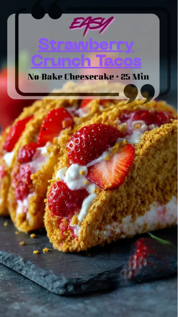 Row of strawberry crunch 蜜桃色欲av久久无码精品cake tacos: cinnamon-sugar shells, piped vanilla mousse, fresh strawberries, and pink cookie-strawberry crumb.